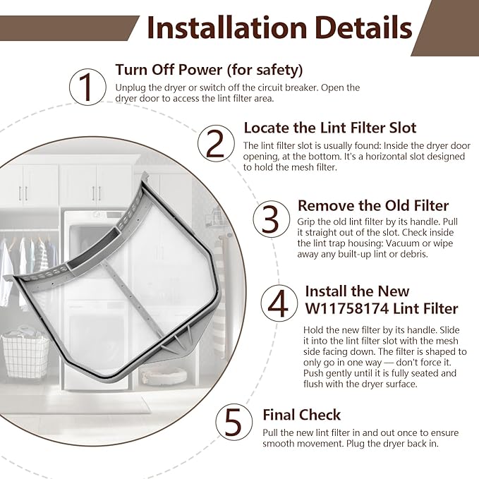 W11758174 Dryer Lint Filter Replace P5313133 Compatible with Whirlpool YIED5900HW Series Maytag MED5630HW2 Dryer - AquaVibe