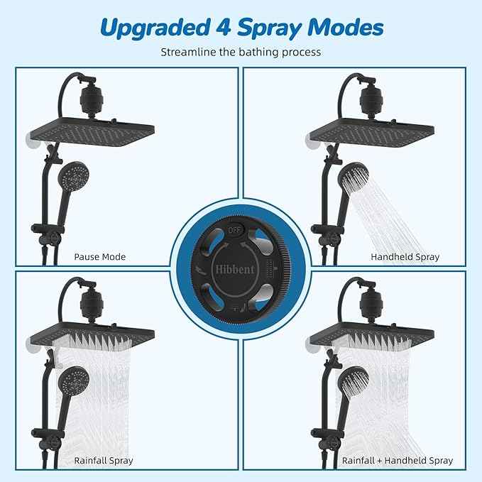 Hibbent 5-spray Dual Filtered Rainfall Shower Head Combo, High Pressure 13'' Showerhead with 10 Spray Handheld, Easy Reach 4-way Diverter Arm with Pause Mode, 71'' Hose & Holder, Oil-Rubbed Bronze
