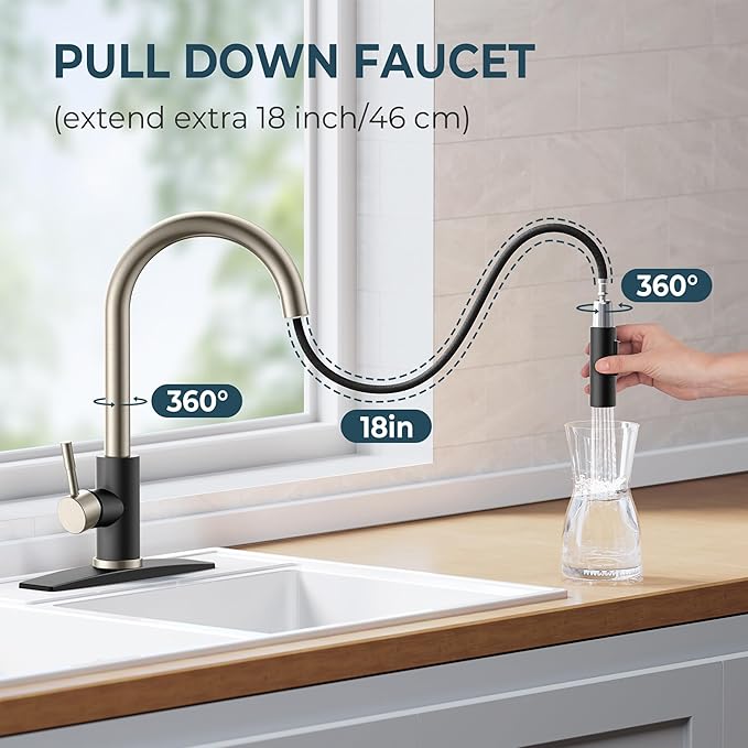 FORIOUS Kitchen Faucet with Pull Down Sprayer, High Arc Modern Classic Sink Faucet Stainless Steel with Deck Plate Fit for 1 or 3 Hole for Pot Filler Bar Farmhouse Laundry Rv, Black Brushed