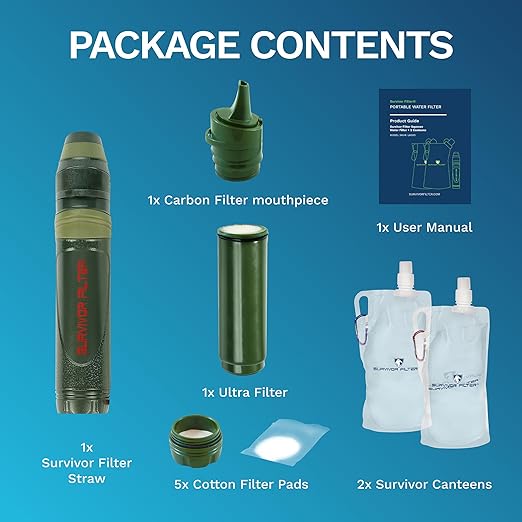 Survivor Filter Squeeze Kit – Emergency Water Straw with 2 Collapsible 33.8 fl oz Bottles – USA-Tested – 0.05 Micron Filtration – Portable Outdoor Water Filter for Camping & Hiking – No Expiration