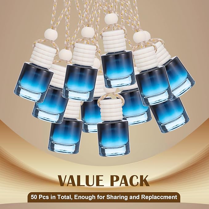 50 Pcs Hanging Car Air Freshener Car Diffuser Bottles Empty Glass Perfume Bottle Freshener Diffuser Bottle Pendant for Essential Oil Fragrance Aromatherapy Bottle Ornament (Cylinder)