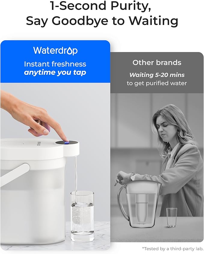 Waterdrop Alkaline Rechargeable Water Filter Dispenser, 6-Stage Instant Electric Powerful Pitcher, Healthy Mineralized Alkaline Water, 15-Cup Portable Countertop System, Does not Lower TDS