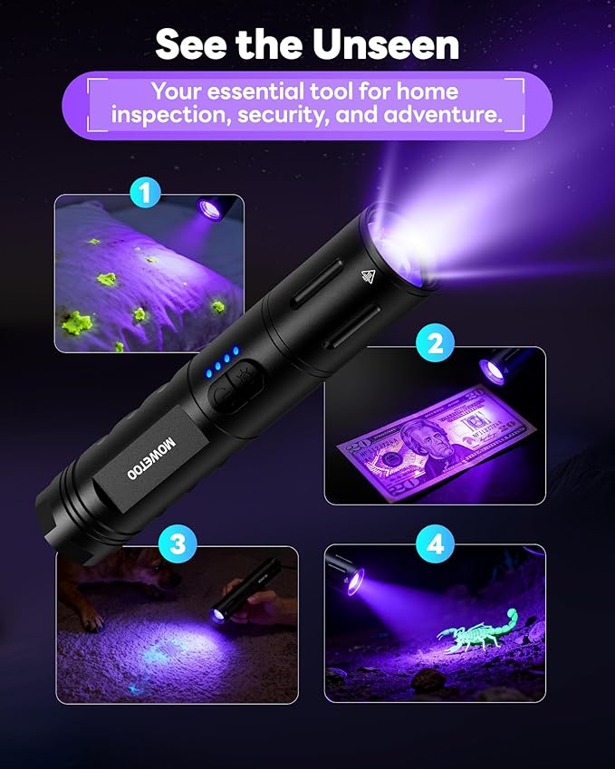 UV Black light Flashlight，Rechargeable 2-in-1 LED White Light Flashlight and BlackLight 395nm, Waterproof, Zoomable, Super Bright LED for Camping, Hiking, Pet Urine Detection, Scorpion Detection