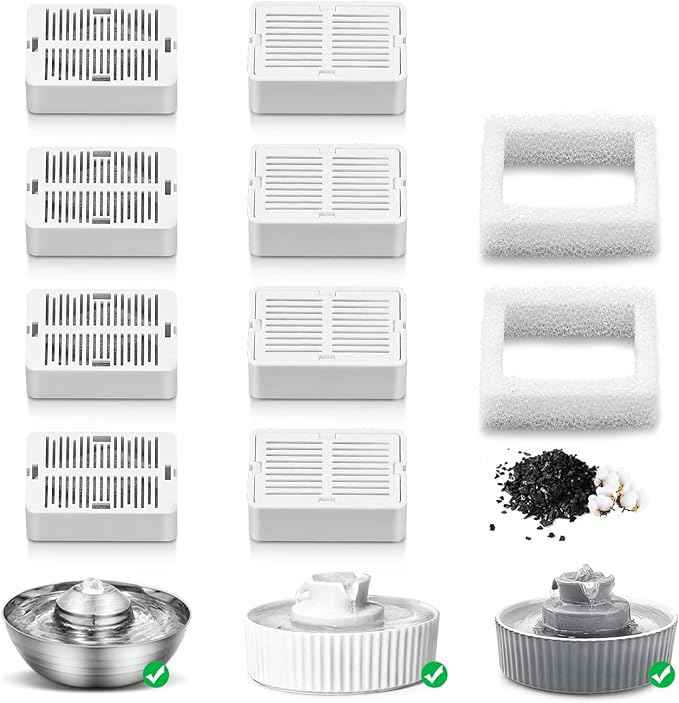 Wave and Cup Cake Porcelain Cat Fountain Filter 8 Carbon Filters 2 Foam Filters Ceramic Pet Fountain Water Dispenser Dog Fountain Replacement Filters(10PACK)