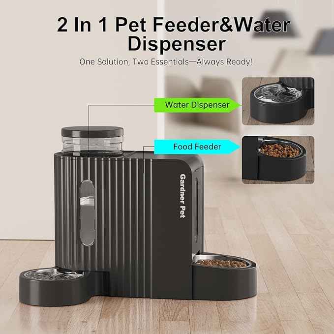 Gardner Pet Gravity Automatic 2-in-1 Pet Feeder, 0.8 Gallons*2 Cat Feeder and Water Dispenser Set, 100% BPA-Free and Stainless Steel Water Bowl for Dogs, Cats, Rabbits, Puppies (Black)