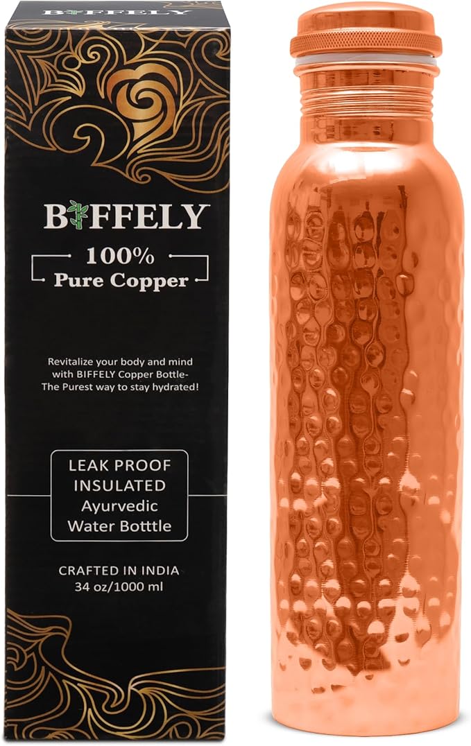 Copper Water Bottle - 34oz - Handcrafted Ayurvedic 100% Pure Copper Water Bottle for Drinking |Men & Women| Leak-Proof Lid BPA Free Non-Insulated & Eco Friendly with Premium Quality for Sport & Travel