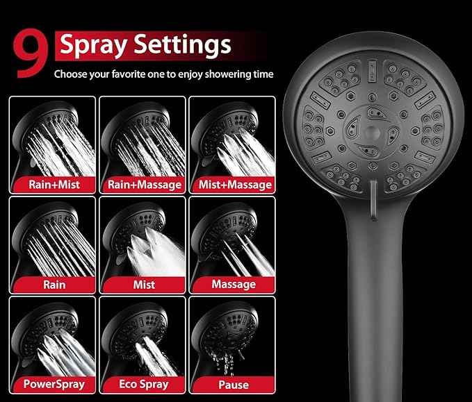 GRICH 1.8GPM Shower Head with Handheld Spray Combo: 2 in 1 Rainfall Shower Heads high pressure & Handheld Shower Head, 9 Spray Modes/Settings Detachable Shower Head with 60 Inch Hose, Black