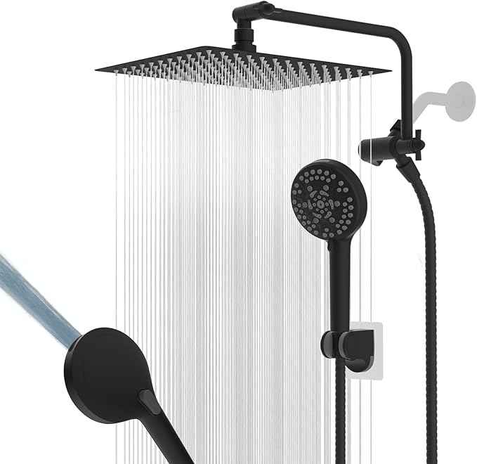 12" All Metal Shower Head, High Pressure Rainfall Shower Head/Handheld Showerhead Combo with 11" Adjustable Shower Extension Arm, 71" Hose, Shower Head Holder, Matte Black