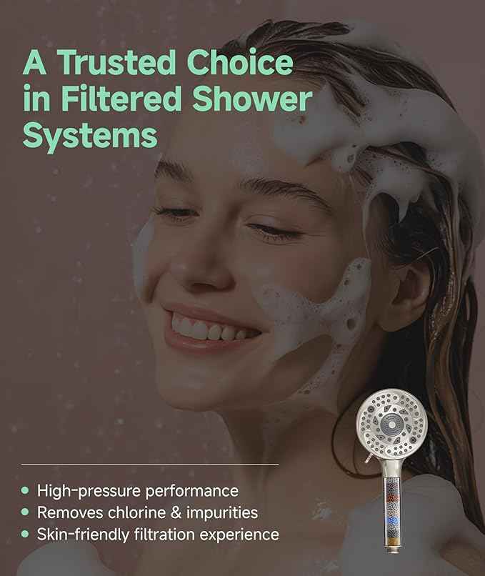 SunCleanse Filtered Shower Head with Handheld,9-Spray Setting Detachable Shower Head with 4 Filters for Hard Water - Filter Chlorine, Improve Skin and Hair Texture (4 Filters, Brushed Nickel)