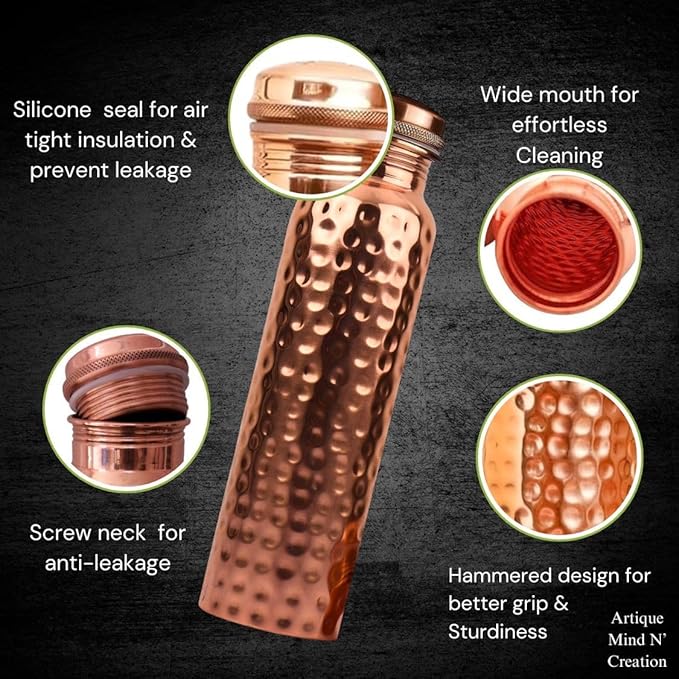 Pure Copper Water Bottle 34 oz (1 Liter), Hammered Ayurvedic Copper Bottle with Leakproof Lid & Protective Carrying Sleeve Strap for Yoga, Travel & Daily Hydration