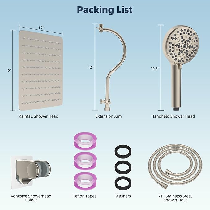 Hibbent All Metal Shower Head, 10'' High Pressure Rainfall Shower Head/Handheld Showerhead Combo/ 12'' Adjustable Curved Shower Extension Arm, 10-Spray, 71'' Hose, Showerhead Holder, Brushed Nickel