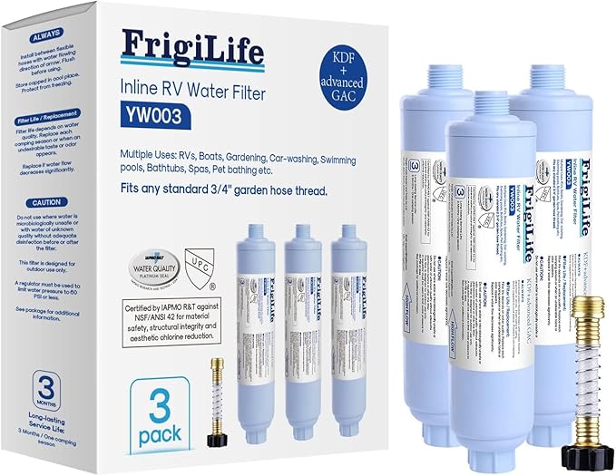 RV Inline Water Filter with Anti-Kink Hose Protector, NSF/ANSI 42 Certified, GAC & KDF Filtration, Reduces Chlorine & Odors, Fresh Clean Water for RVs, Camping, Car Washing, Gardening and Pools, 3PACK