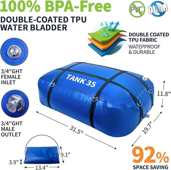 TPU Water Storage Bladder, 35 Gallon Portable RV Fresh Water Tank, Food Grade BPA Free Collapsible Flexible Container for Drinking, Camping, Irrigation & Emergency-Hurricane, Drought, Fire (3/4” GHT)