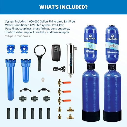 Aquasana Whole House Water Filter System | 1,000,000 Gallons | Salt-Free Softener Alternative | UV, Carbon & KDF | Tackles up to 99.99% Chlorine, Bacteria, Viruses, Sediment & Scale | EQ-1000-AST-UV