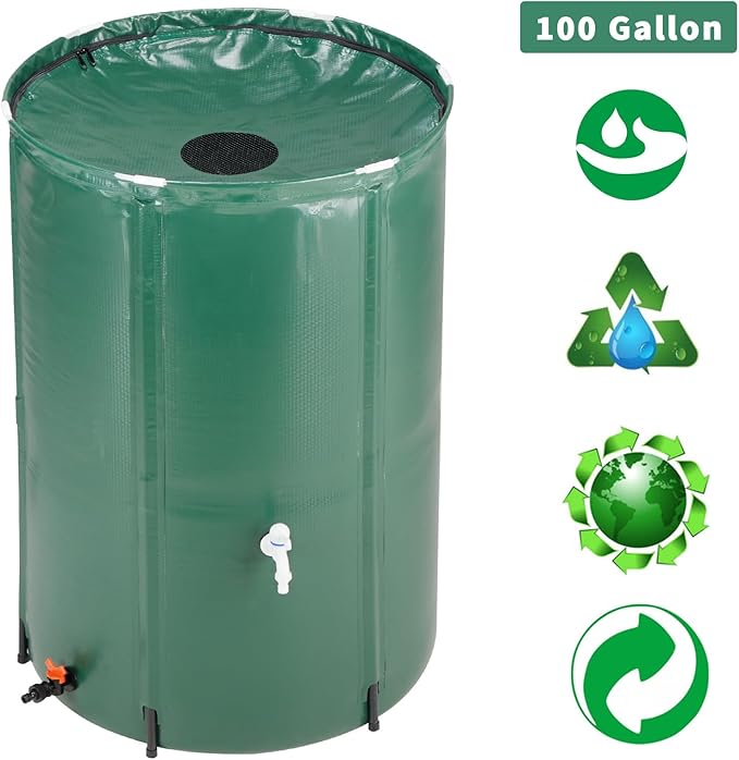 100 Gallon Collapsible Rain Barrel, Portable Water Storage Tank, Foldable Rainwater Collect System Downspout, Water Catcher Container with Filter, Spigots Overflow Kit (Green, 100 Gallon)