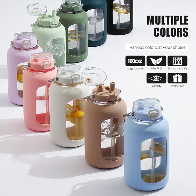 Large Glass Water Bottles with Stainless Steel Handle,100 oz Gallon Drinking Bottle with 2-in-1 Straw Lid,3 Liter Glass Water Jug with Silicone Sleeve,Wide Mouth,Pink