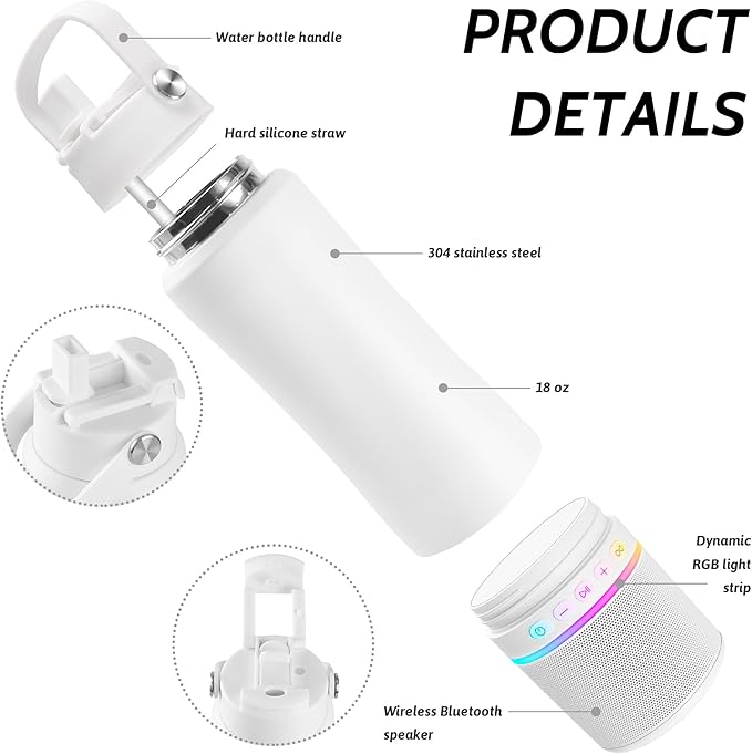 Water Bottle with Portable Bluetooth Speaker - Modular Insulated Water Bottles w/Handle, BT5.3, TWS Pairing Speaker and Stainless Steel Cups for Camping Sports Beach (White)