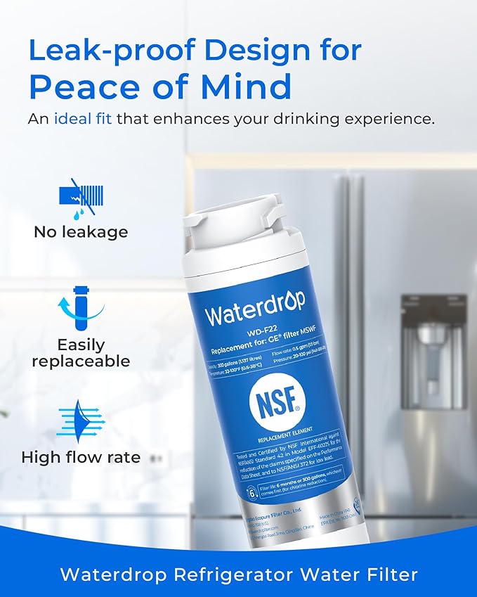 Waterdrop MSWF Refrigerator Water Filter, Replacement for GE® MSWF, 101820A, 101821B, RWF1500A, NSF 42&372 Certified, Pack of 3 (Package May Vary)