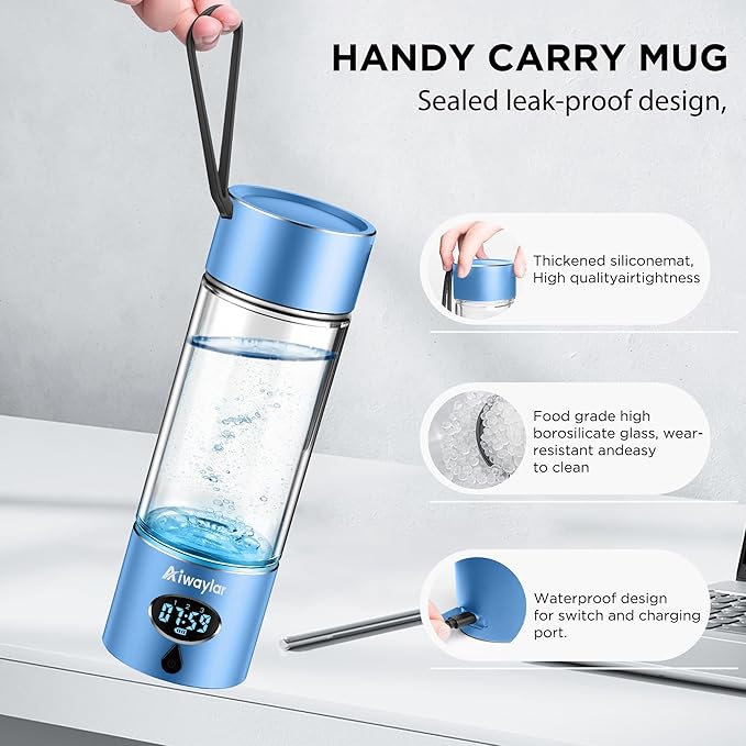Aiwaylar Hydrogen Water Bottle - Portable, Rechargeable, LED Timer,3 Work Mode, Aluminum and Glass,360ML,Hydrogen Water Ionizer Machine with PEM/SPE Technology, Suitable for Office,Home,Gym Outdoor