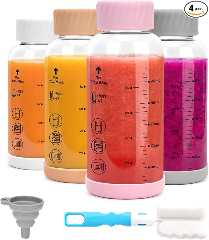 Zukro Glass Water Bottles 12 oz - 4 Pack Heat-resistant Borosilicate Small Juice Bottles with Stainless Steel Lids for Juicing, Protein, Milk, Smoothies - Reusable & Airtight Leak proof, BPA Free