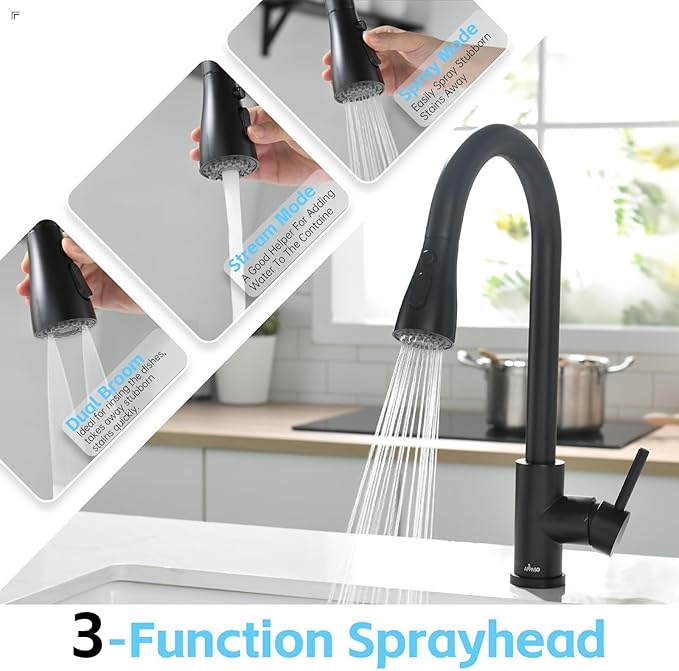 APPASO Black Kitchen Faucet with Soap Dispenser, Matte Black S304 Stainless Steel Modern Sink Faucets with Pull Down Sprayer 3 Modes, High Arc Single Handle Non Leakage, Easy to Install