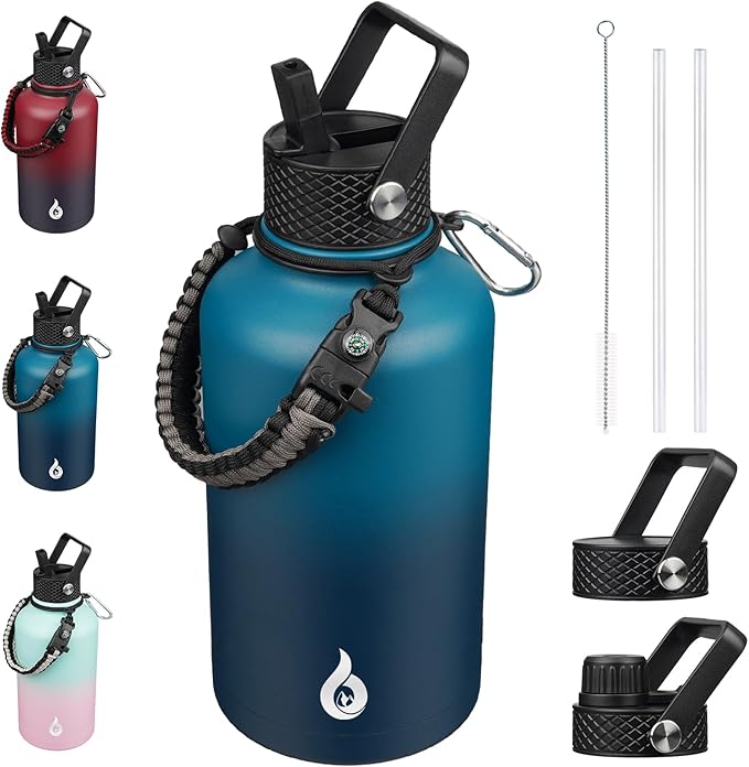 BJPKPK Half Gallon Insulated Water Bottles with 3 Lids and Paracord Strap, 64oz Large, Stainless Steel Water Bottles with Straw Lid, Half Gallon Water Jug,Vast