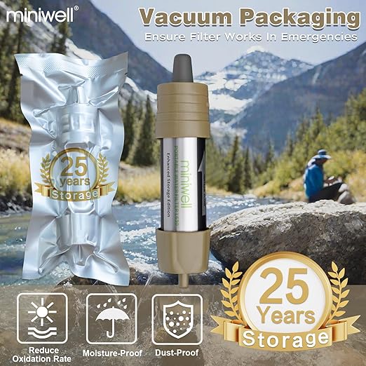 Miniwell L630 Portable Water Filter with Upgraded Vacuum Packaging - 25 Year Storage, Long Lasting and Versatile Usage Options, 2 Pack Filter and 1L Bottles