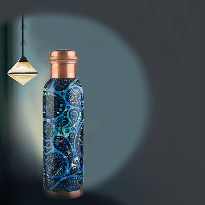 Pure Printed Copper Water Bottle 32 oz - Leak Proof Ayurvedic Drinkware Copper Vessel for Sports, Gym, Outdoors, Yoga, Health Benefits