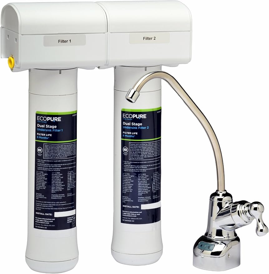 EcoPure ECODWF Dual Stage Water Filter Replacement Set – Fits ECOP20 Under Sink System – NSF-Certified – Reduces Lead, Chlorine, Cysts & More – 6-Month Life – Easy, Mess-Free Changes