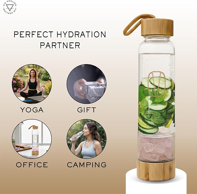 Vie Healing Gem Infused Rose Quartz Crystal Water Bottle, 16oz | Crystal Glass Bottle for Mindful Hydration, Daily Balance & Style | Eco Friendly Reusable Water Bottle for Home, Office, Gym & Travel