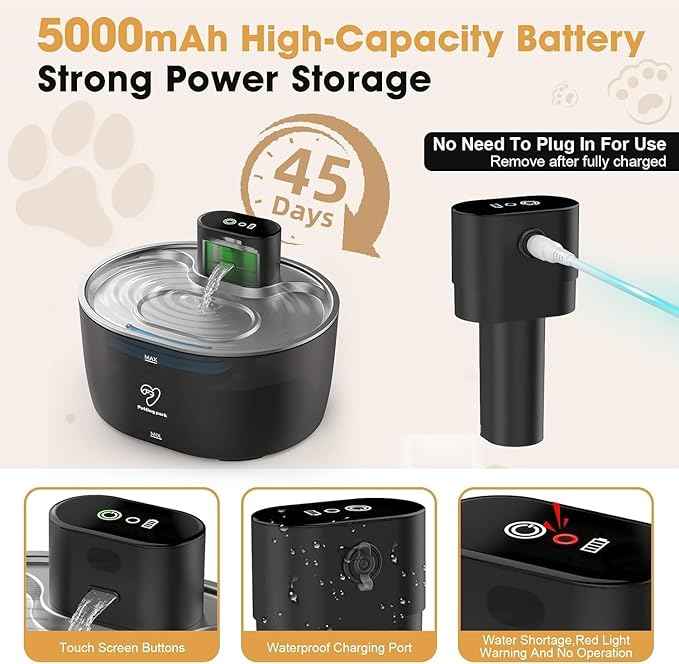 Wireless Cat Water Fountain Stainless Steel,108oz/3.2L Pet Water Fountain Battery Operated with 2 Modes, Ultra Quiet Motion Sensor Cat Water Dispenser (Black, 108 fl.oz/3.2 L)