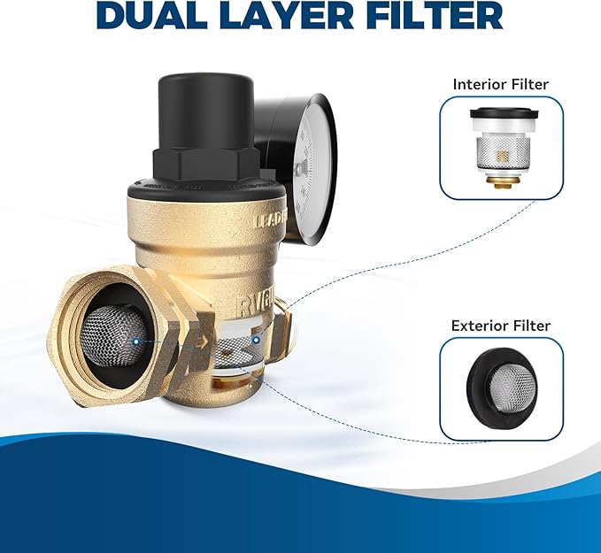 RVGUARD RV Water Pressure Regulator Valve, CSA Approved, Lead-Free Brass Adjustable Water Pressure Reducer with Gauge and Inlet Screen Filter for RV Camper Travel Trailer