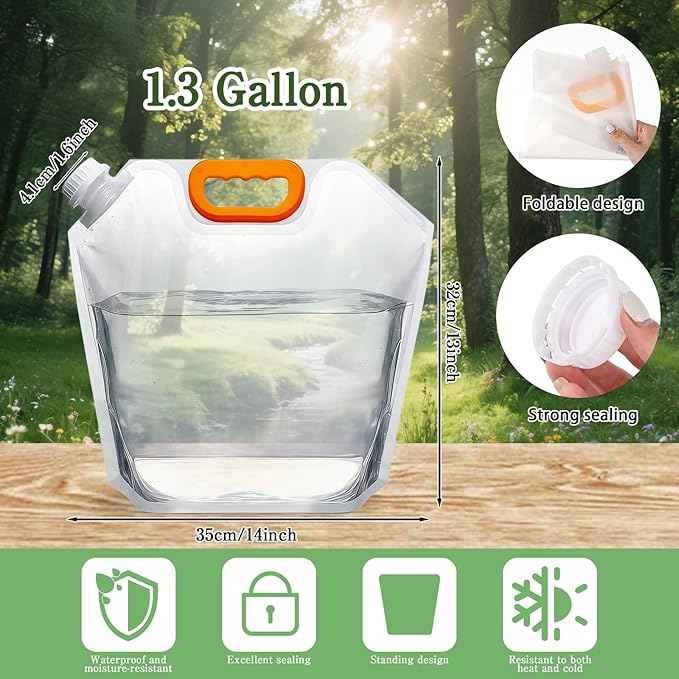 40 Pcs 1.3 Gallon Collapsible Water Storage Bag with Funnel and Stickers Leakproof Emergency Jug Container Clear Plastic Water Bladder Outdoor Flat Pouch for Hiking Sport Backpack Camping