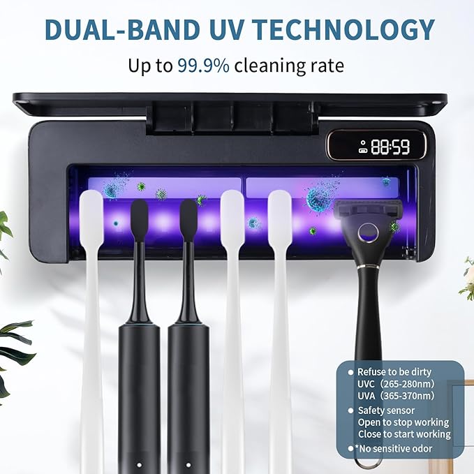 ZOZOO UV Toothbrush Sanitizeri Holder with 99.9% Cleaning,Air Dry,Heating,5+1+1 Slots,12 Hour Memory,Rechargeable Wall Mounted Strong Adhesive Toothbrush Holder with Cover for Bathroom(Black)
