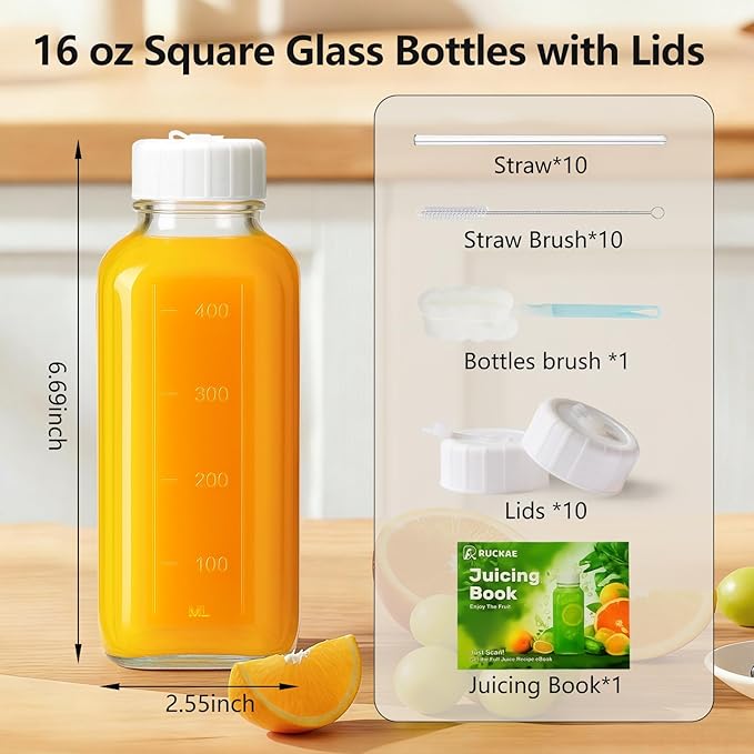 Ruckae 16oz 10 Pack Glass Juice Bottles with Hole Lids - Reusable Square Glass Juice Bottles with Leak-Proof Lid & Capacity Marks for Containers Juicing,Milk,Smoothies