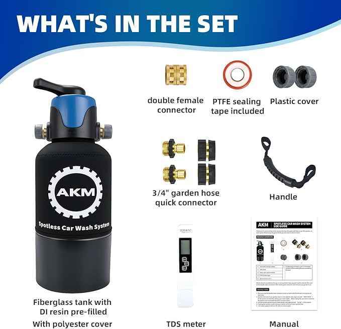 AKM Spotless Water System for car wash,Pre-Filled with DI Resin, DI Water System,Garden Hose Quick Connector, Deionized Water System for RV, Vehicles, Motorcycles, Bikes, Boats, (akmjs-BP-5L)