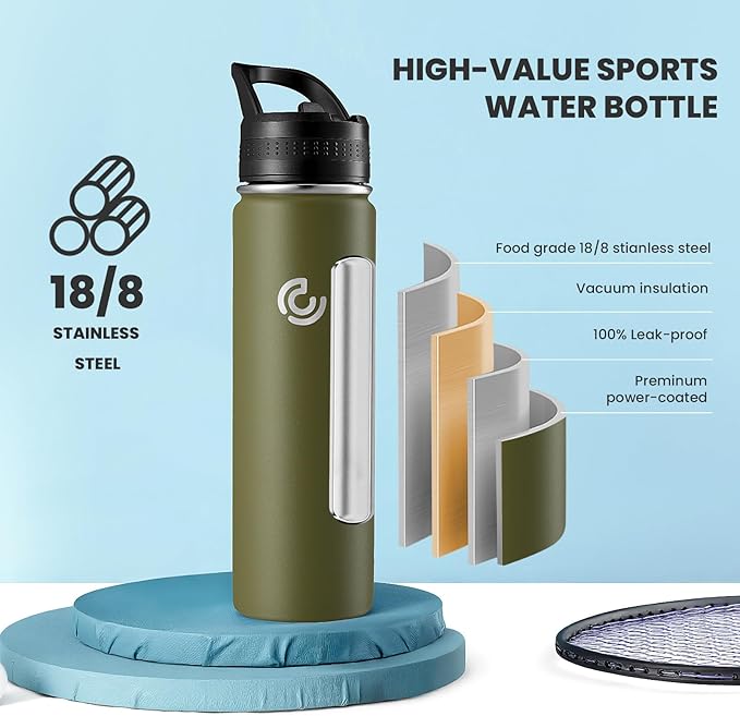 COKTIK 22oz Sports Water Bottle, Stainless Steel Water Bottle for Insulated, Reusable Travel Bottle, With Straw, With Handle Grip for Easy Carrying, Suitable for Cycling, Outdoor Vacations(Army Green)