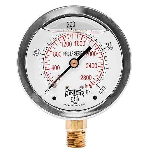 Winters 2-1/2" Dial Size, Liquid Filled Pressure Gauge, Potable Brass Internals, 304 Stainless Steel Case, Dual Scale 0-400 psi/kPa, 1.5% Acc, 1/4" NPT Bottom Mount, Drinking Water Pressure Gauge
