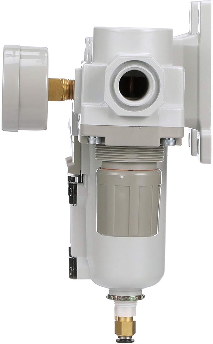 PneumaticPlus SAU430-N04DG-MEP Three Stage Air Drying System Particulate Air Filter, Coalescing Filter, Air Pressure Regulator Combo 1/2" NPT - Metal Bowl, Auto Drain, Bracket, Gauge - AquaVibe