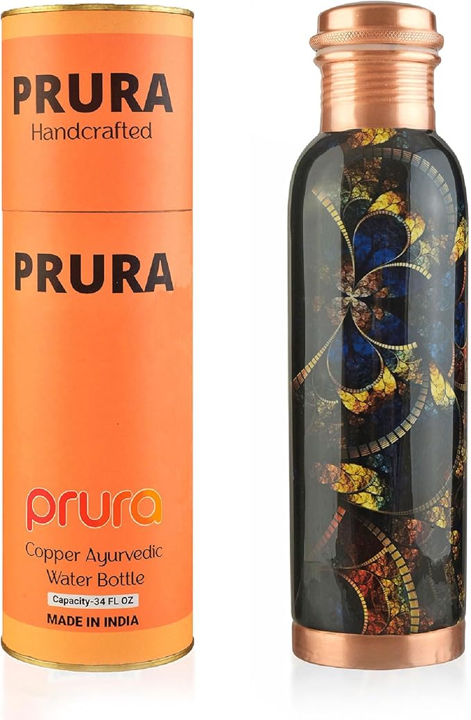 Printed Copper Water Bottle - Leak Proof Ayurvedic Drinkware Copper Vessel for Sports, Gym, Outdoors, Yoga