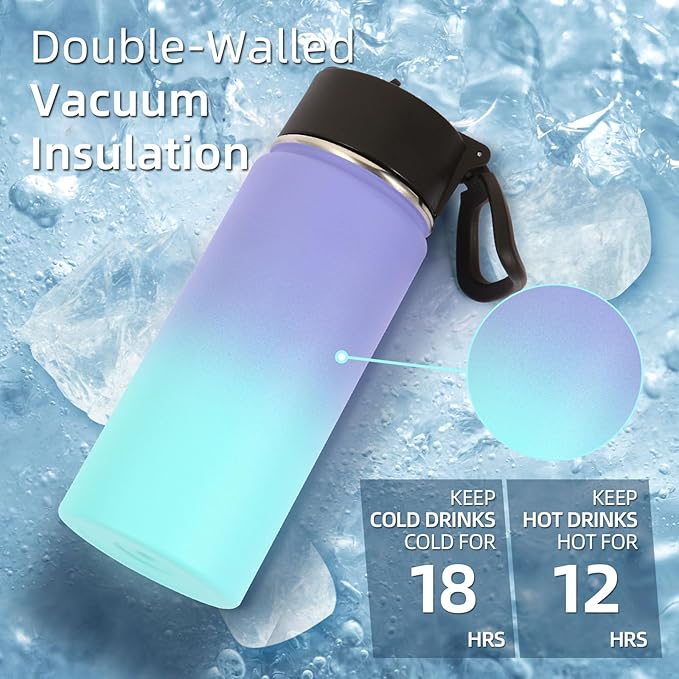Volhoply 16 OZ Kids Water Bottle Bulk 4 Pack,Insulated Sports Bottles with Straw Lid,Stainless Steel Bottle with Handle Keep Cold & Hot,Double Wall Vacuum Tumbler Cups for School(Purple Blue, 4)
