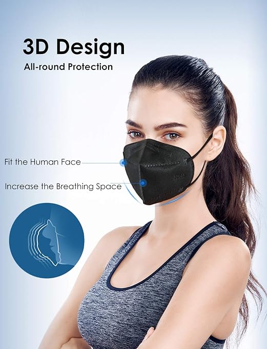 HUHETA KN95 Face Masks, Packs of 30 Individually Wrapped, 5-Ply Breathable and Comfortable Safety Mask, Filter Efficiency Over 95%, Protective Cup Dust Masks Against PM2.5 (Black Mask) - AquaVibe