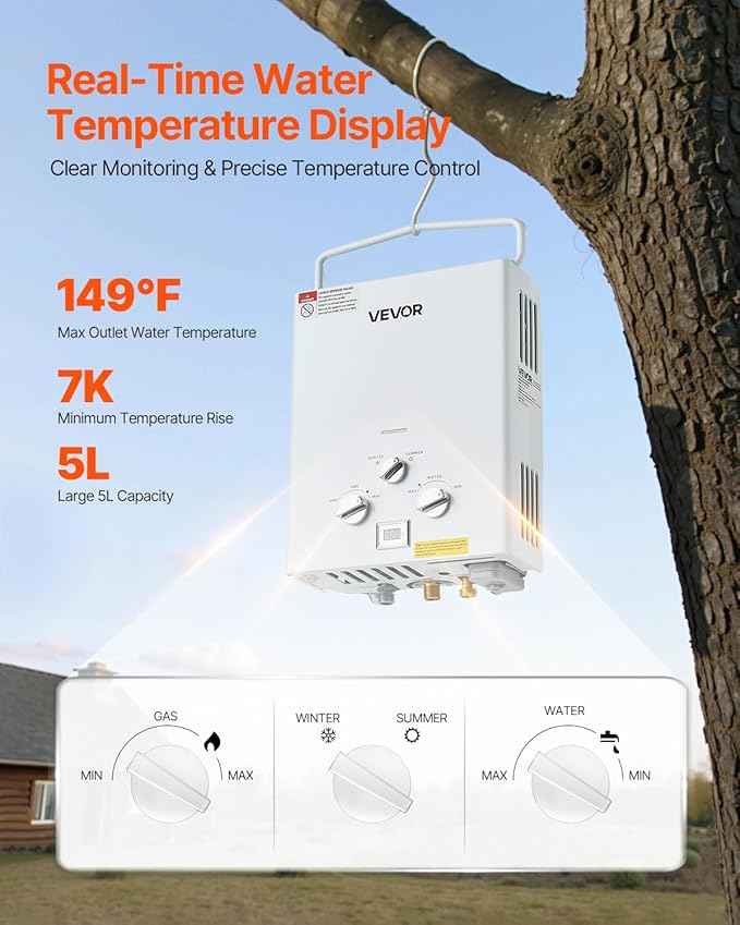 VEVOR Portable Propane Water Heater, 5L Tankless Outdoor Water Heater, 34000 BTU 1.32 GPM Instant Hot Water, with Accessory Set + Regulator +Water Pump for RV Camping Trips Cabins Barns