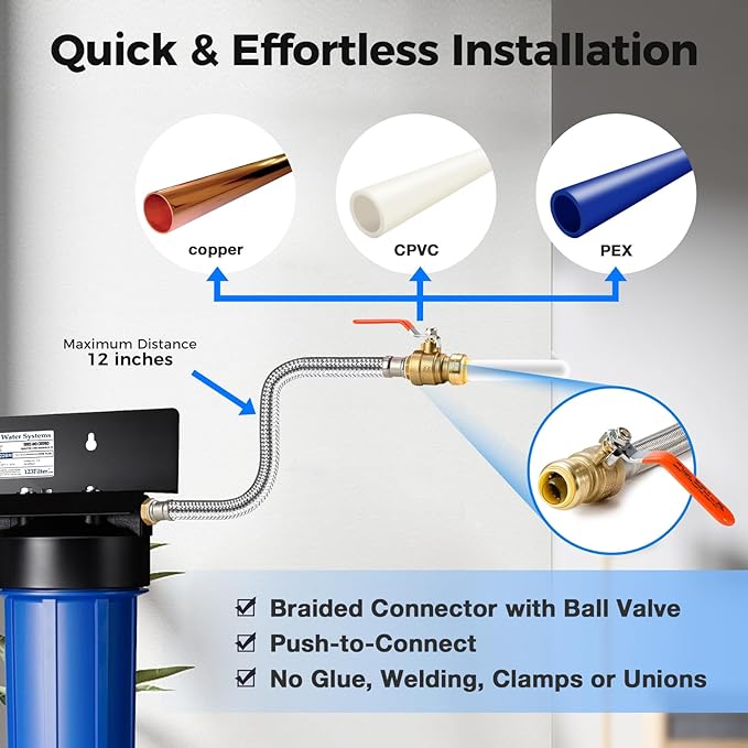 iSpring WGB21BM+AHPF12MNPT16X2 2-Stage Whole House Water Filtration System w/ 3/4'' Push-Fit Braided Stainless Steel Hose Connectors, Carbon Block and Iron & Manganese Reducing Filters