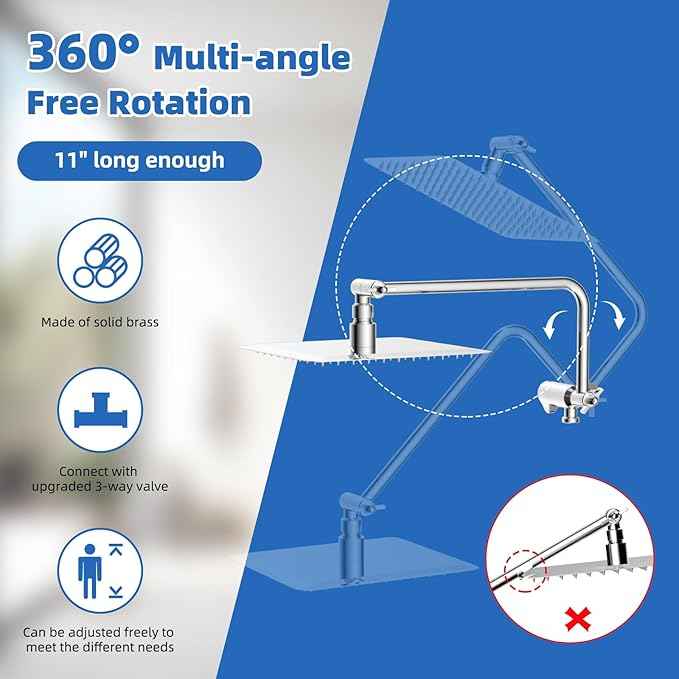 All Metal Shower Head, 10" High Pressure Rainfall/Handheld Shower Combo with 11" Extension Arm, 10-Spray Handheld Showerhead, 71" Long Hose, 3-Way Diverter Valve, Chrome