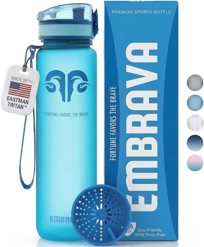 Embrava Sports Water Bottle 32oz - Fast Flow Flip Top Lid - BPA & BPS Free Leakproof Reusable - Lightweight Non-Toxic Tritan Plastic 1 Liter - Gym Hiking Office School Travel