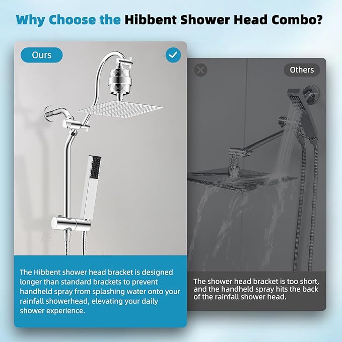 Hibbent All Metal 10'' Filtered Rainfall Shower Head, High Pressure Showerhead combo with 4-mode Handheld Spray, 12'' Extension Arm, Extension Bar with Holder, Shower Filter, Chrome