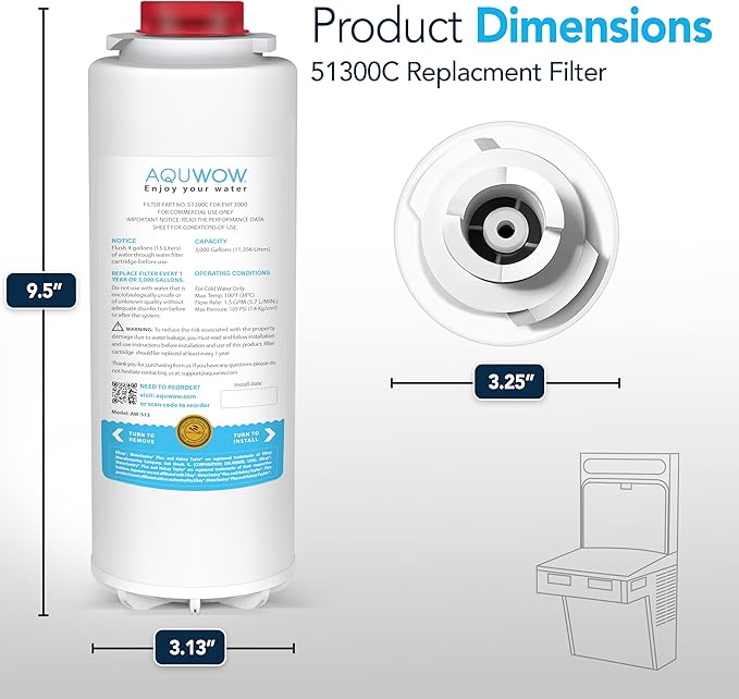 Replacement Water Filter For Premium Filtration – Compatible with Elkay 51300C, 55898C, ERF750, EWF3000 – No Chip, Extended Service Life (3, 9") - AquaVibe