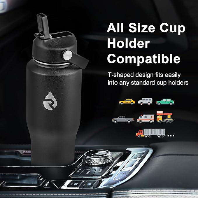 32 oz Insulated Water Bottle with Straw fit in Car Cup Holder, Triple Wall Vacuum Stainless Steel(Cold 48 hrs, Hot 24 hrs), Leakproof & Non-BPA, Hydro Travel Flask with Straw and Spout Lid