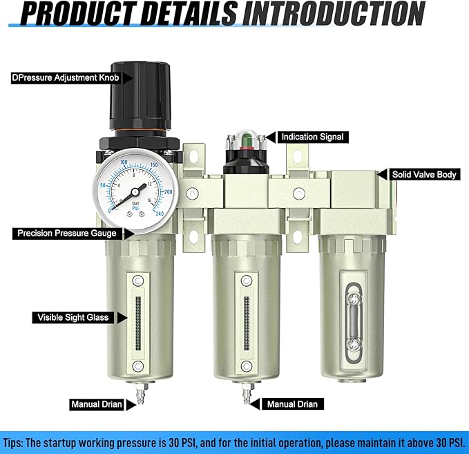 Heavy Duty Industrial Grade 1/2" NPT 3 Stage Air Drying System,Coalescing Filter, Particulate Filter, Desiccant Dryer and Air Regulator, Manual Drain, For Plasma Cutter and Paint Spray - AquaVibe